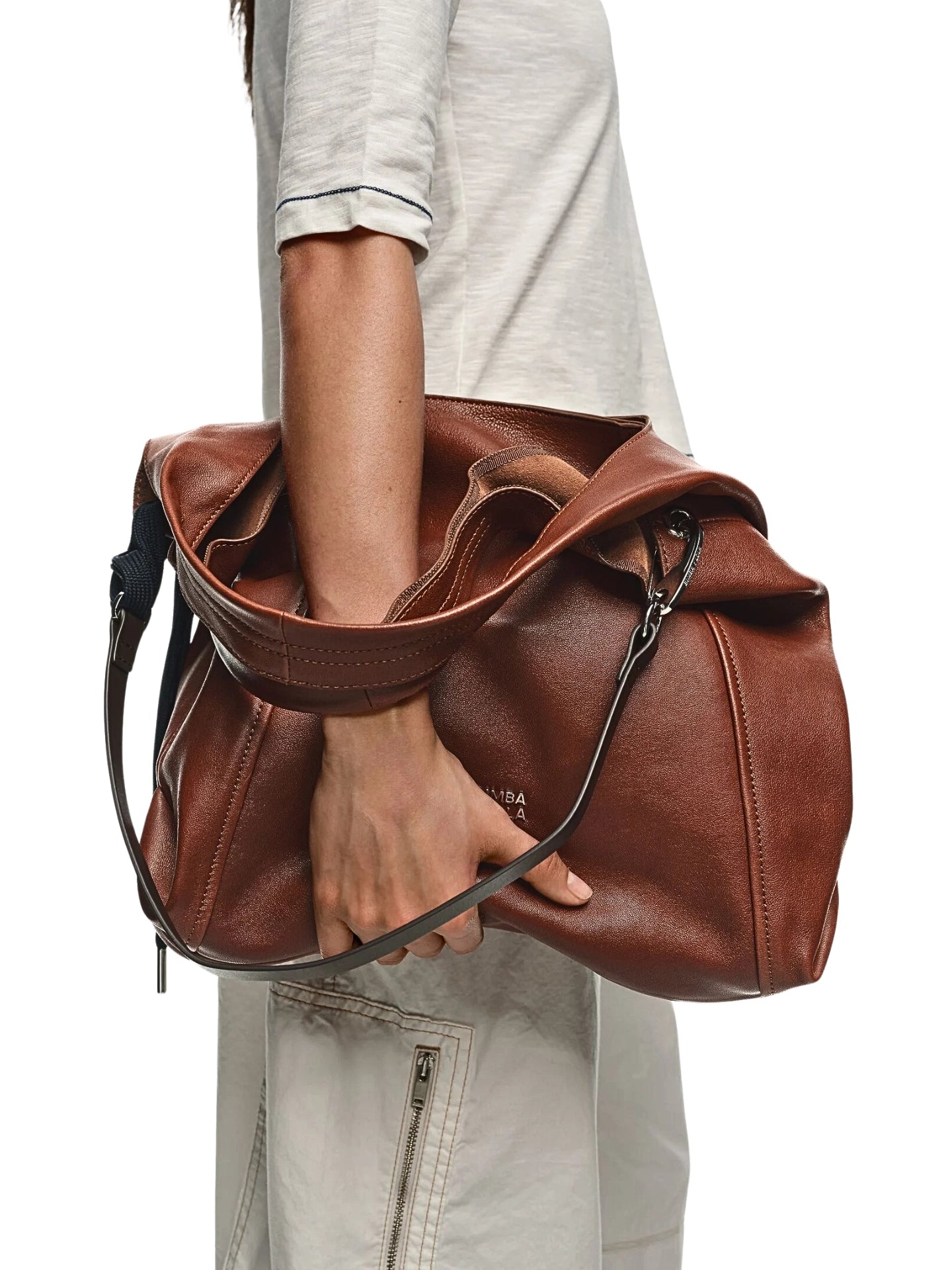 on-model-BYL-Large-Dark-Tan-Leather-Paper-Bag