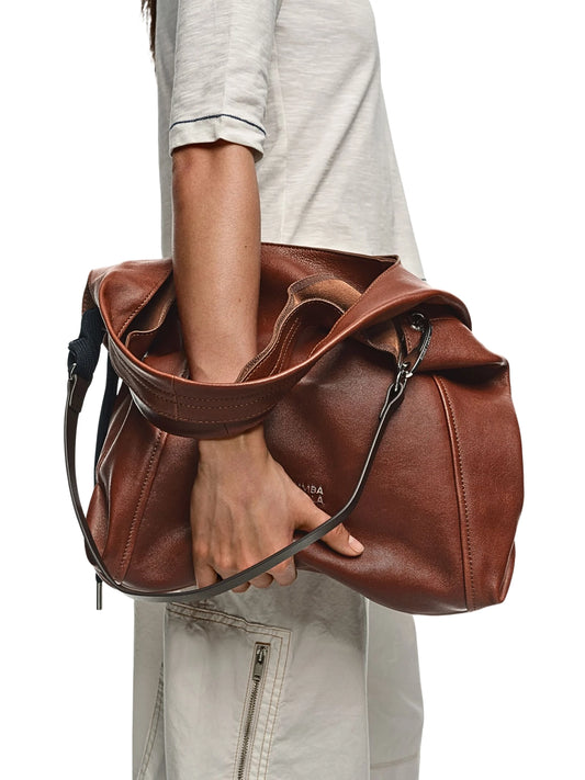 on-model-BYL-Large-Dark-Tan-Leather-Paper-Bag