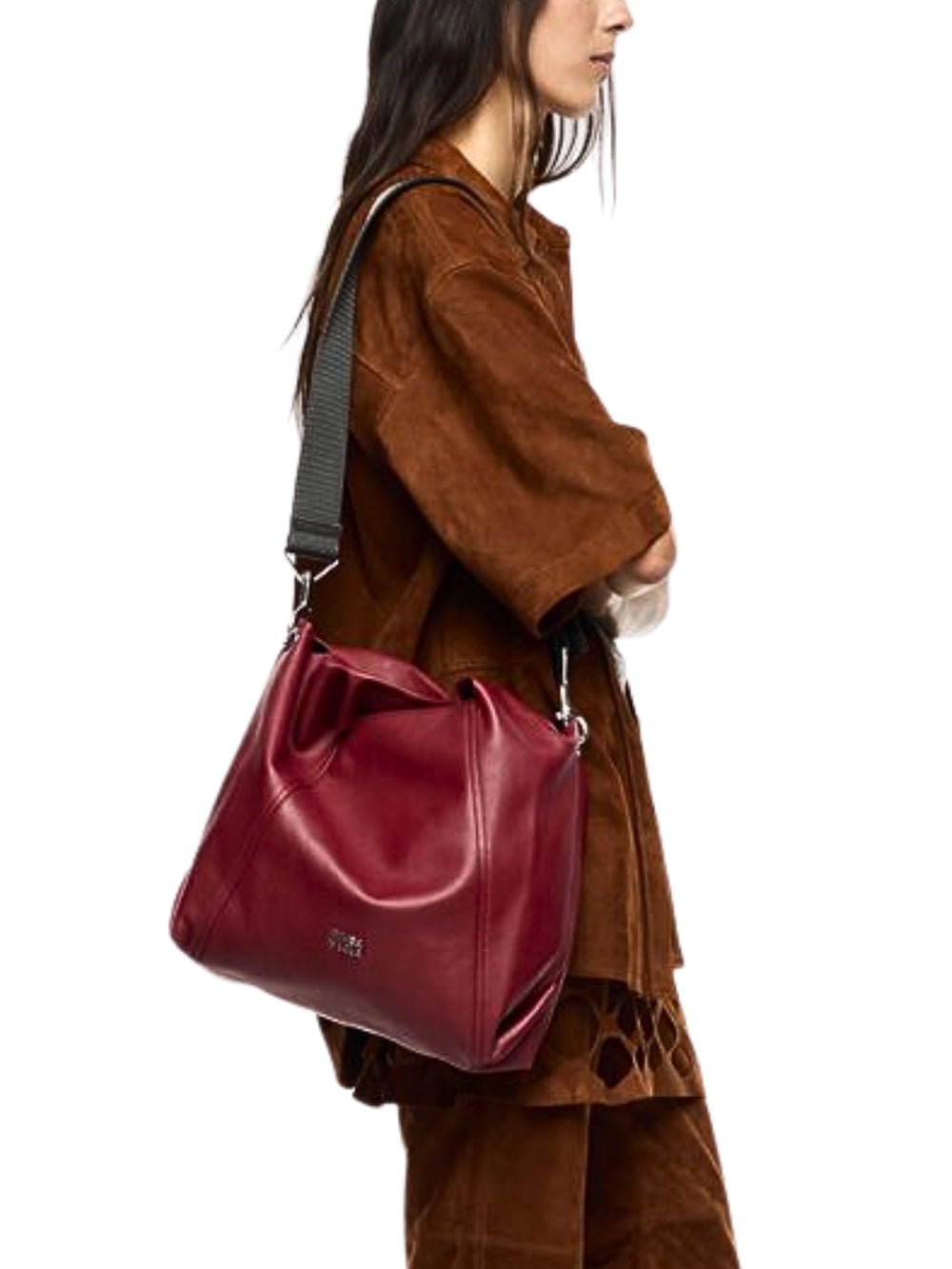 on-model-BYL-Medium-Red-Leather-Paper-Bag