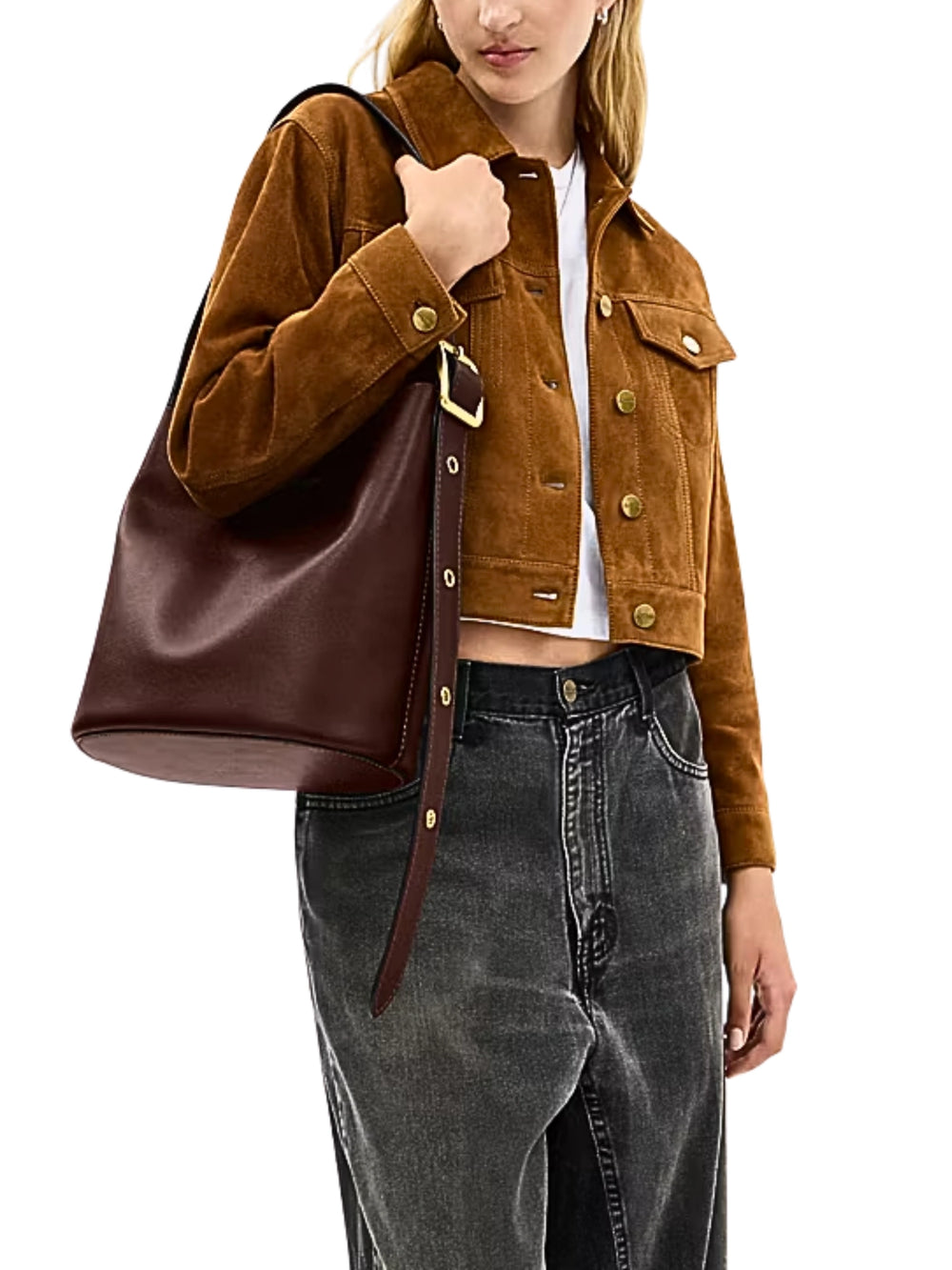 on-model-Coach-Bleecker-Bucket-Bag-Maple