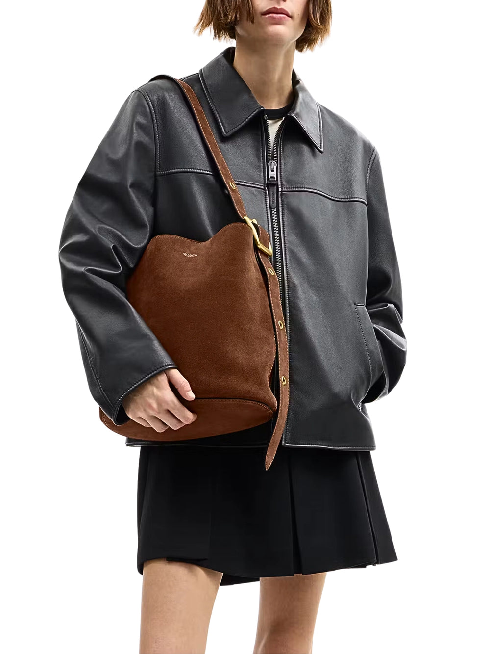 on-model-Coach-Bleecker-Suede-Bucket-Bag-Warm-Brown