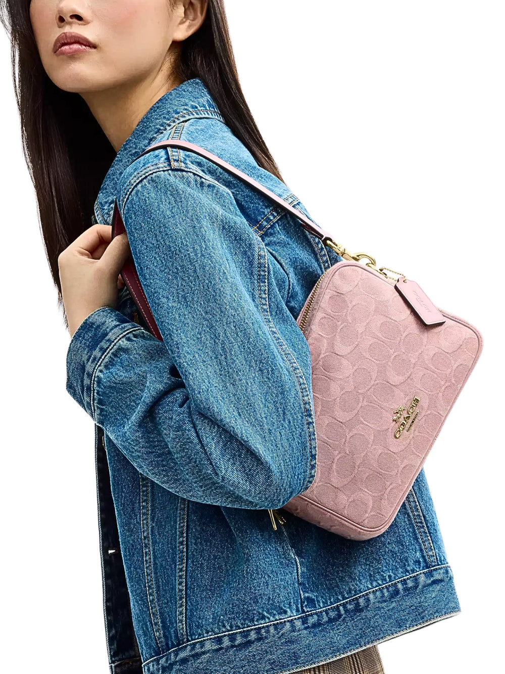 on-model-Coach-Carey-Crossbody-Bag-In-Signature-Denim-Light-Pink