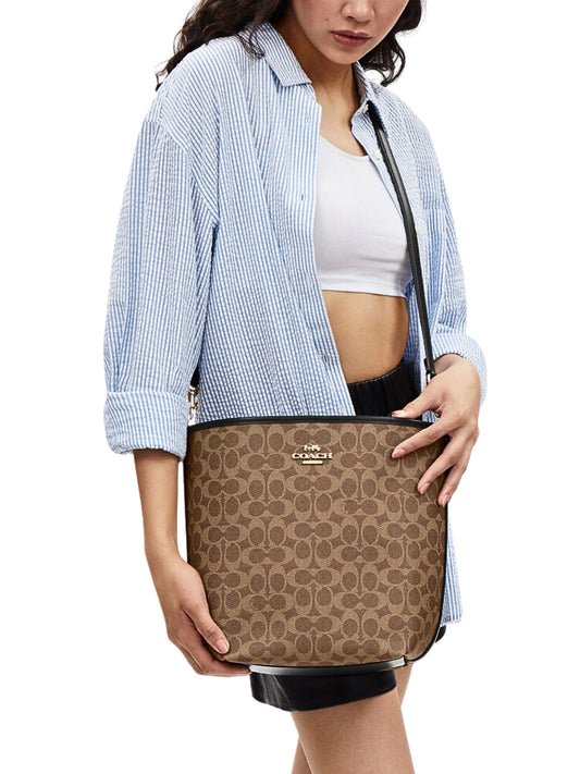 on-model-Coach-City-Large-Bucket-Bag-In-Signature-Canvas-Sand-Taupe