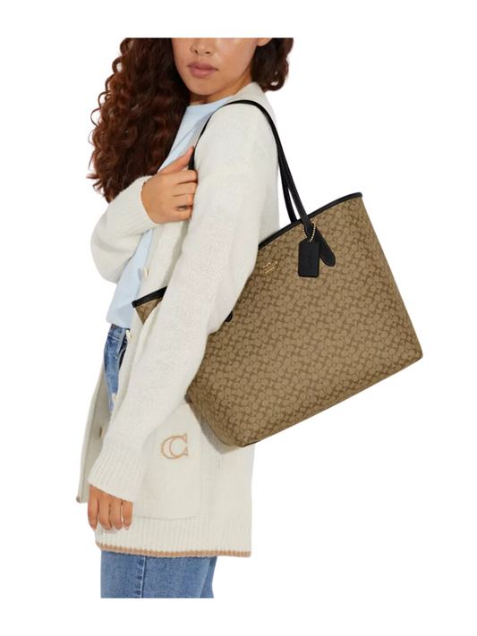 on-model-Coach-City-Tote-Bag-In-Micro-Signature-Canvas-KhakiBlack
