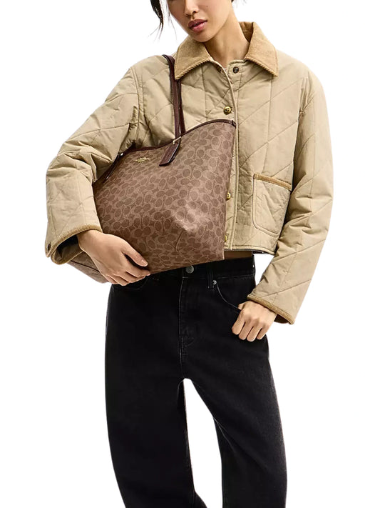 on-model-Coach-City-Tote-Bag-In-Signature-Canvas-Tan-Brown