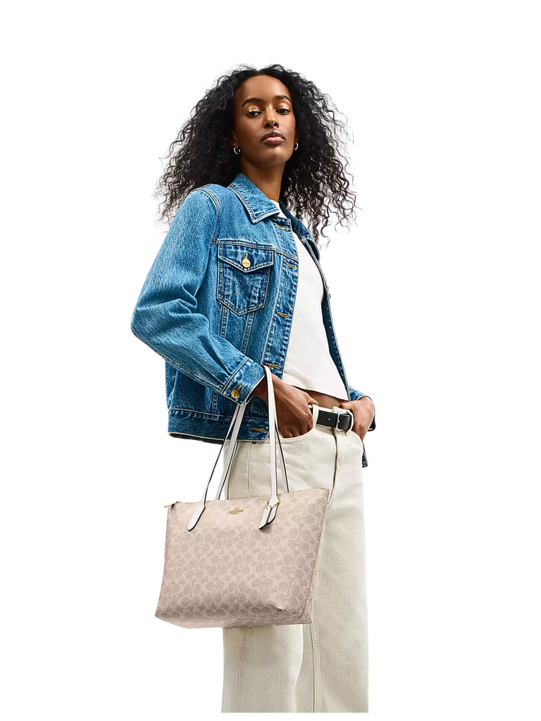 on-model-Coach-Coach-Zip-Top-Tote-In-Signature-Canvas-Sand-Chalk