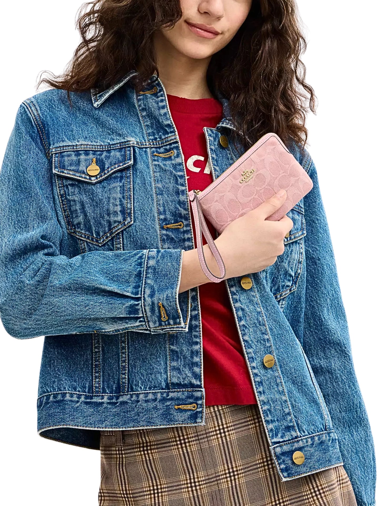 on-model-Coach-Corner-Zip-Wristlet-In-Signature-Denim-Light-Pink
