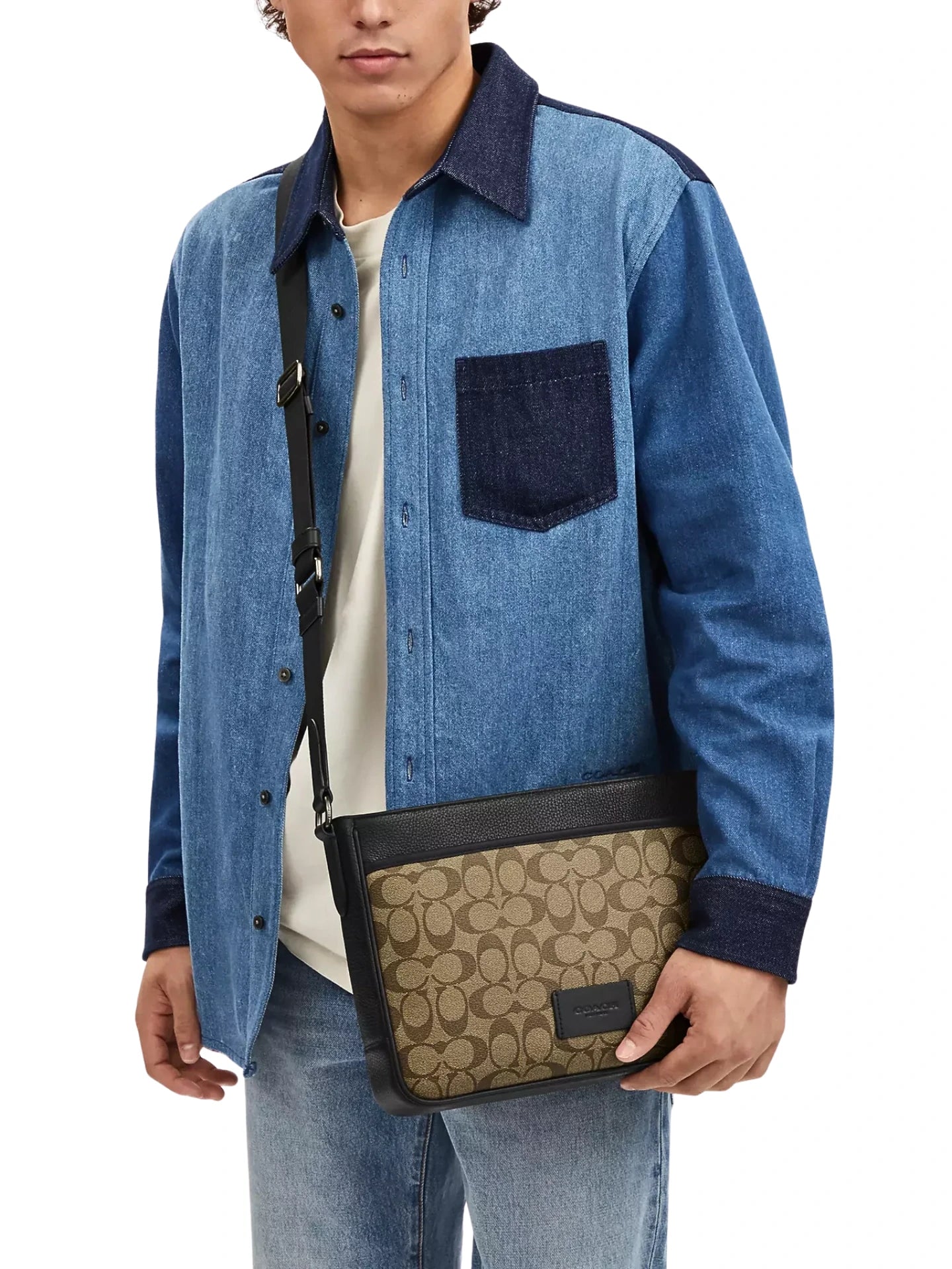 on-model-Coach-District-Crossbody-In-Signature-Canvas-Khaki-Black