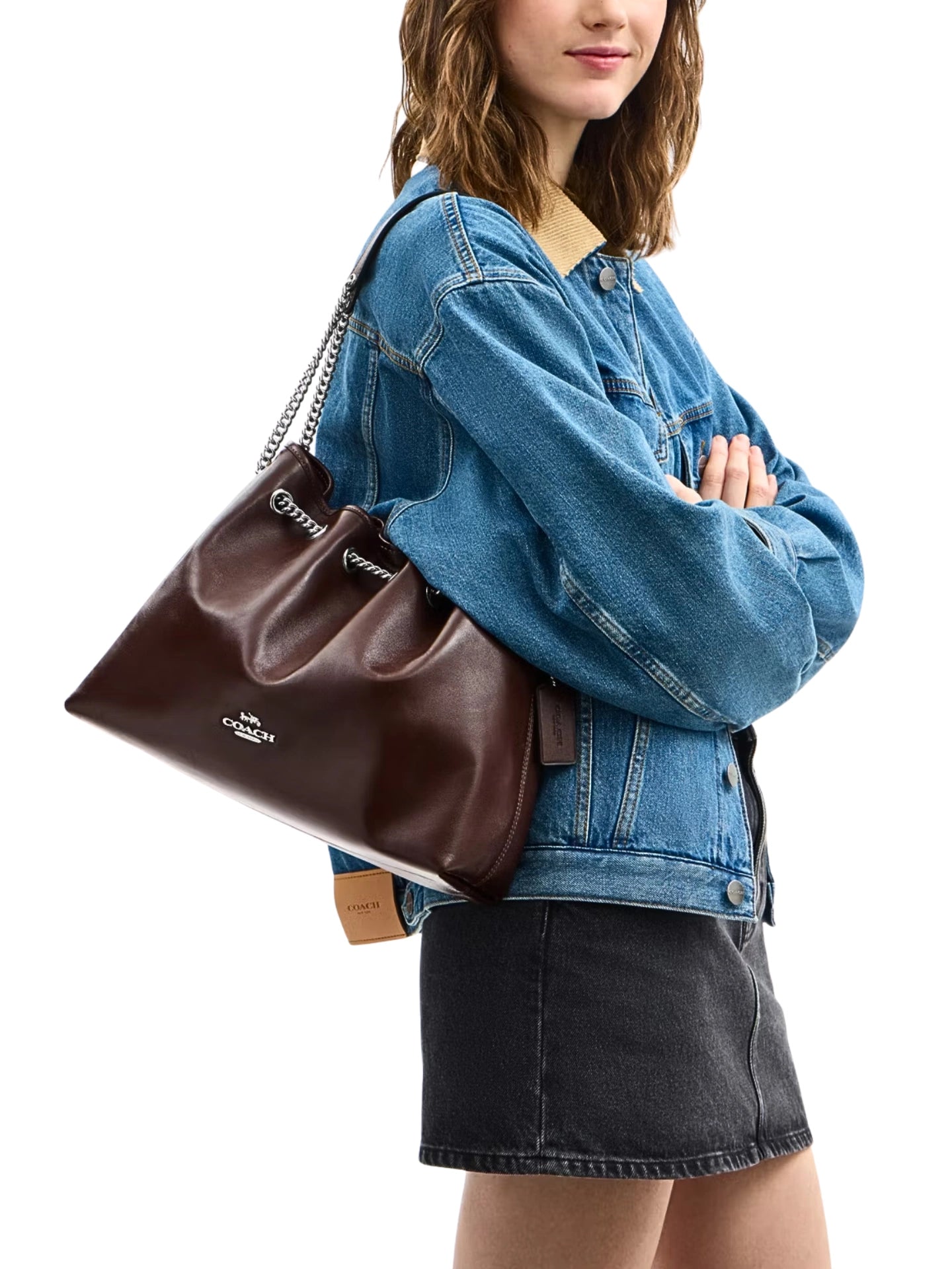 on-model-Coach-Evelyn-Shoulder-Bag-Maple