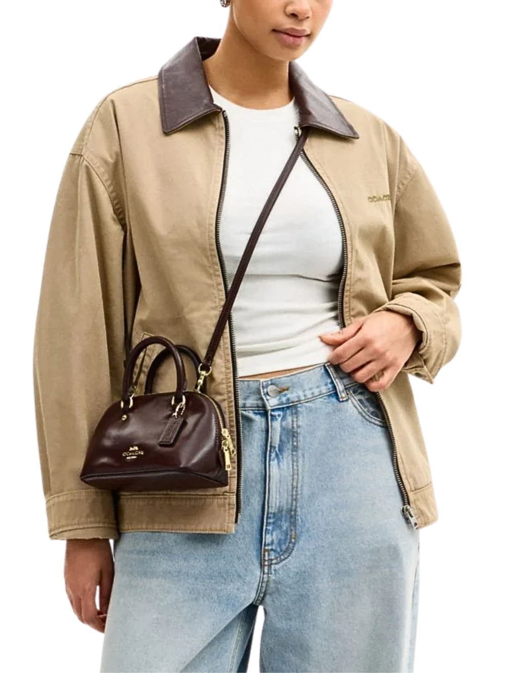 on-model-Coach-Lara-Mini-Satchel-Bag-Maple