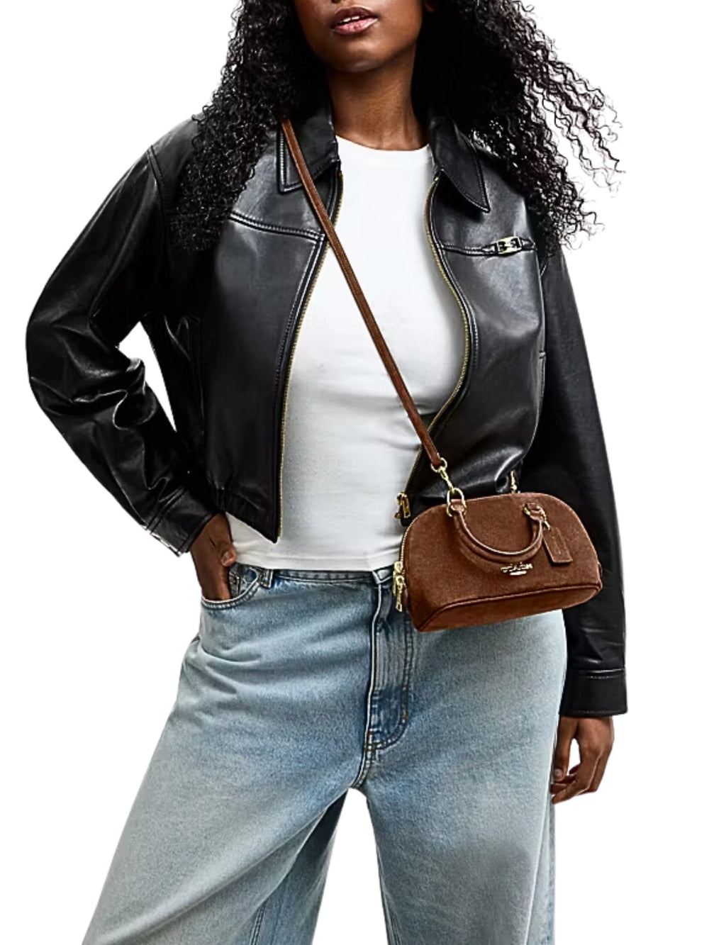 on-model-Coach-Lara-Suede-Mini-Satchel-Bag-Warm-Brown