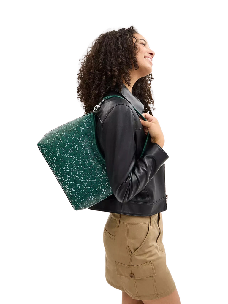 on-model-Coach-Laurel-Shoulder-Bag-With-Signature-Rivets-Emerald-Green