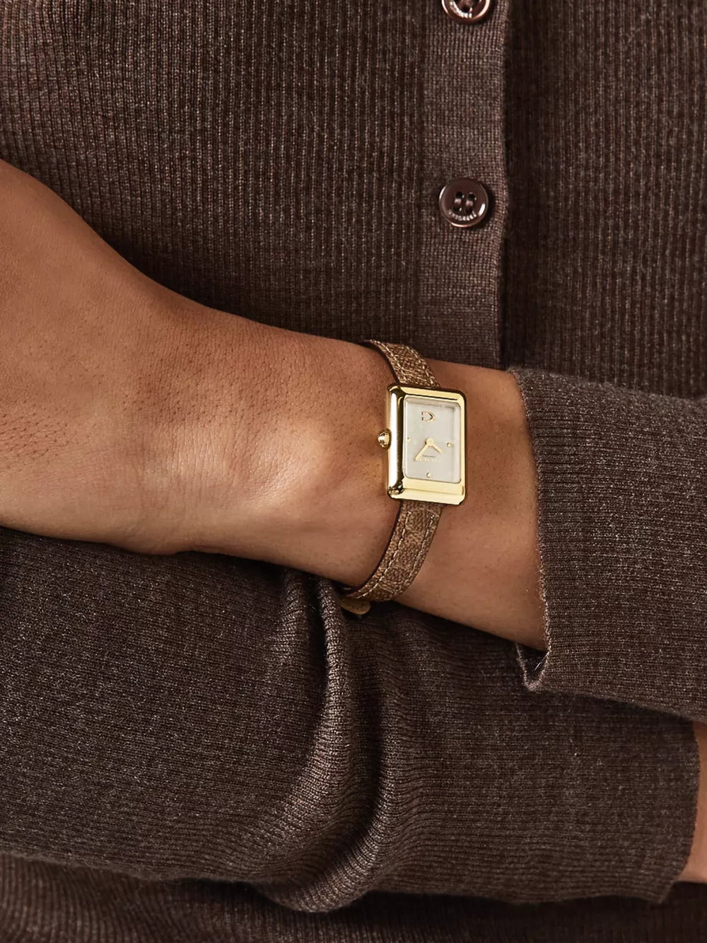 on-model-Coach-Mara-White-Dial-Canvas-Strap-Watch-Brown