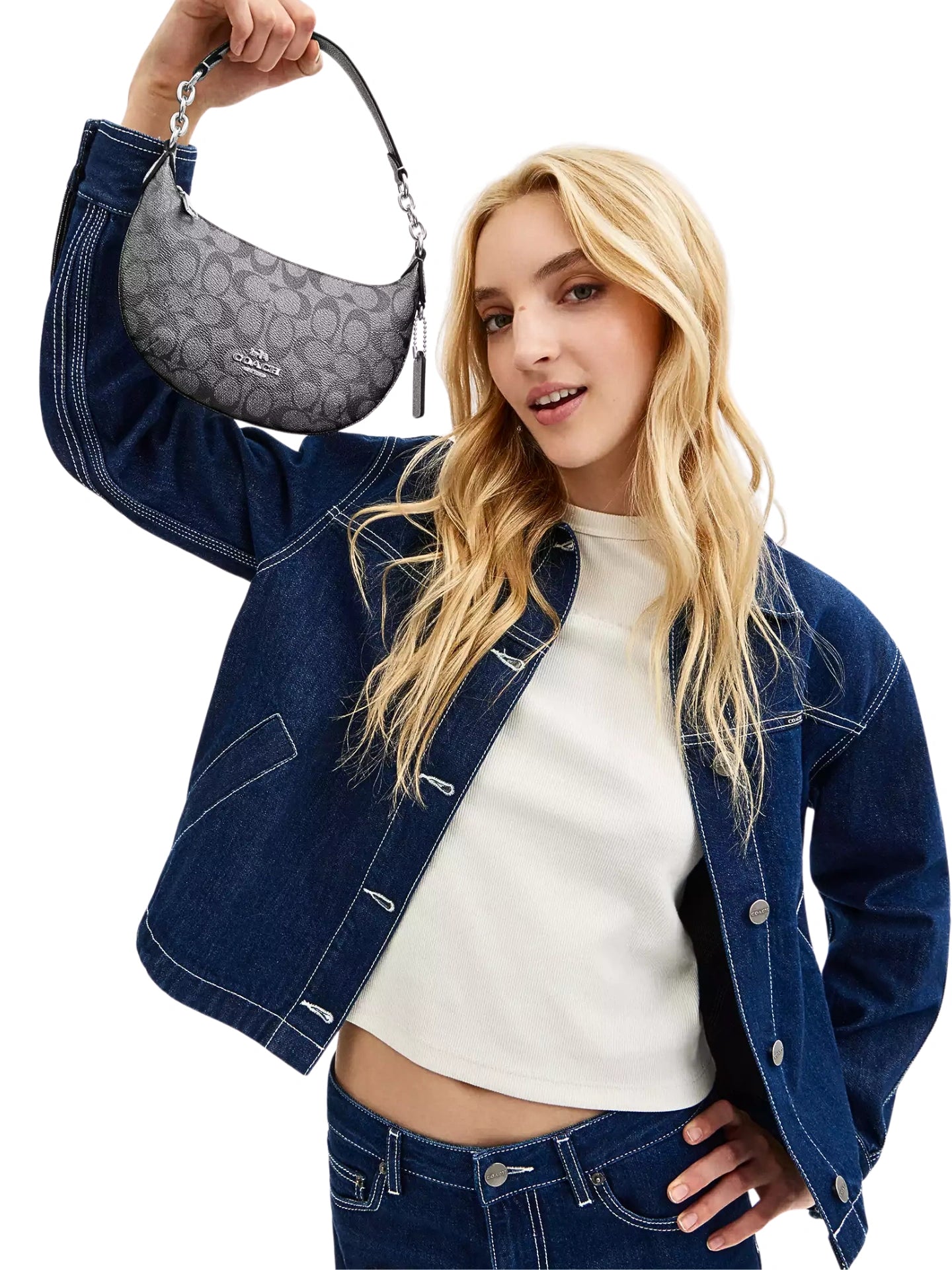 on-model-Coach-Payton-Mini-In-Signature-Metallic-Canvas-Gunmetal-Multi