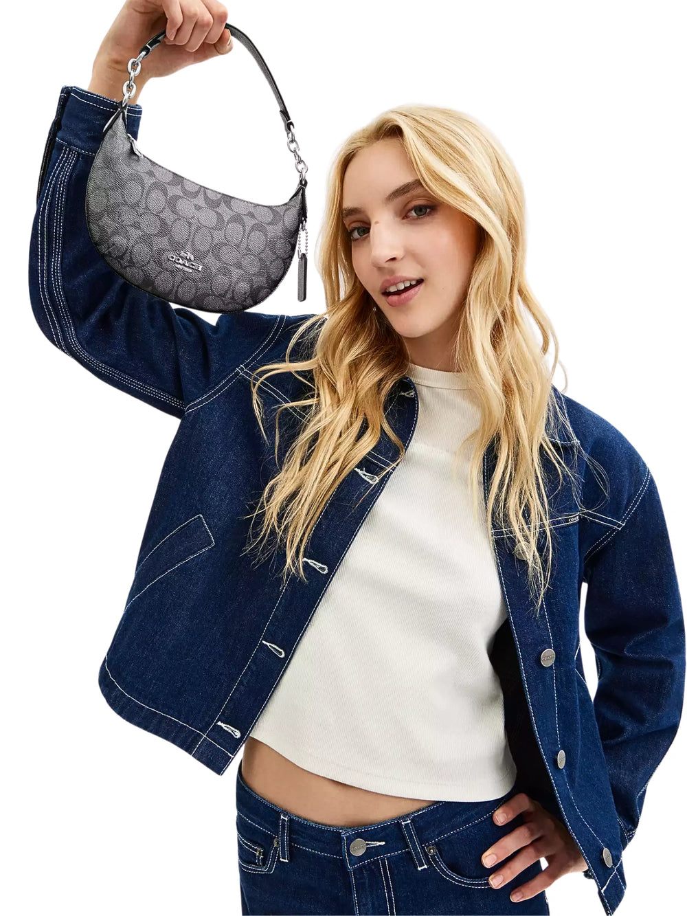 on-model-Coach-Payton-Mini-In-Signature-Metallic-Canvas-Gunmetal-Multi