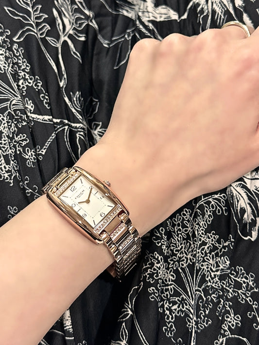 on-model-Coach-Reese-Ladies-White-Dial-Rose-Gold-Stainless-Steel-Strap-Watch