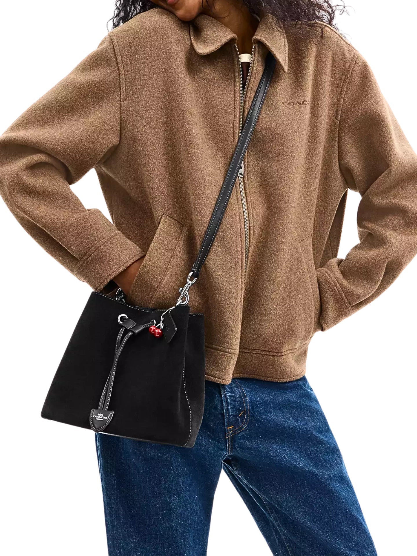 on-model-Coach-Rowan-Bucket-Bag-With-Cherry-Charm-Black