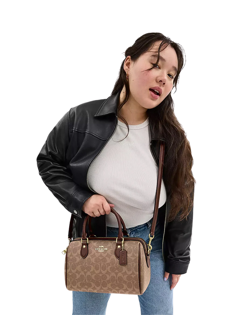 on-model-Coach-Rowan-Satchel-Bag-In-Signature-Canvas-Tan-Brown