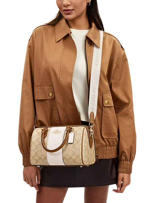 on-model-Coach-Rowan-Satchel-In-Signature-Canvas-With-Stripe-Light-Khaki-Chalk-Saddle