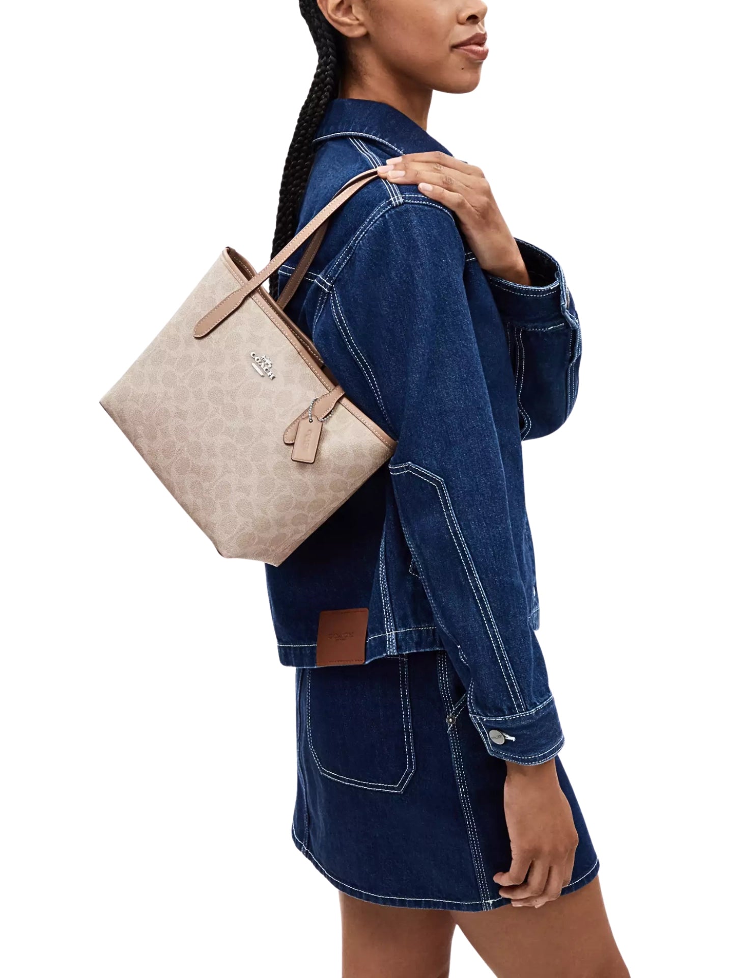 on-model-Coach-Small-City-Tote-Bag-In-Signature-Canvas-Sand-Taupe