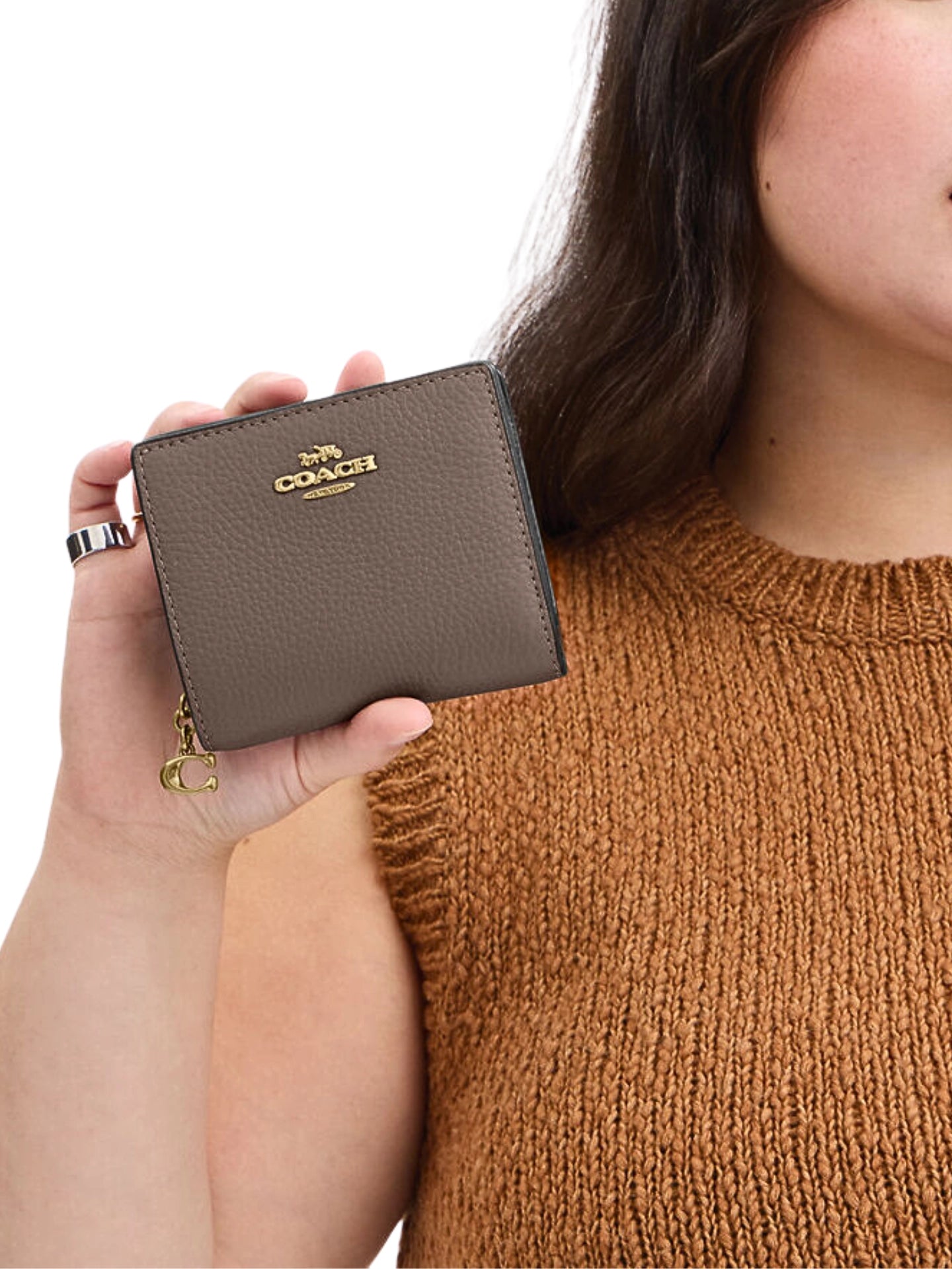 on-model-Coach-Snap-Wallet-Pebbled-Leather-Dark-Stone