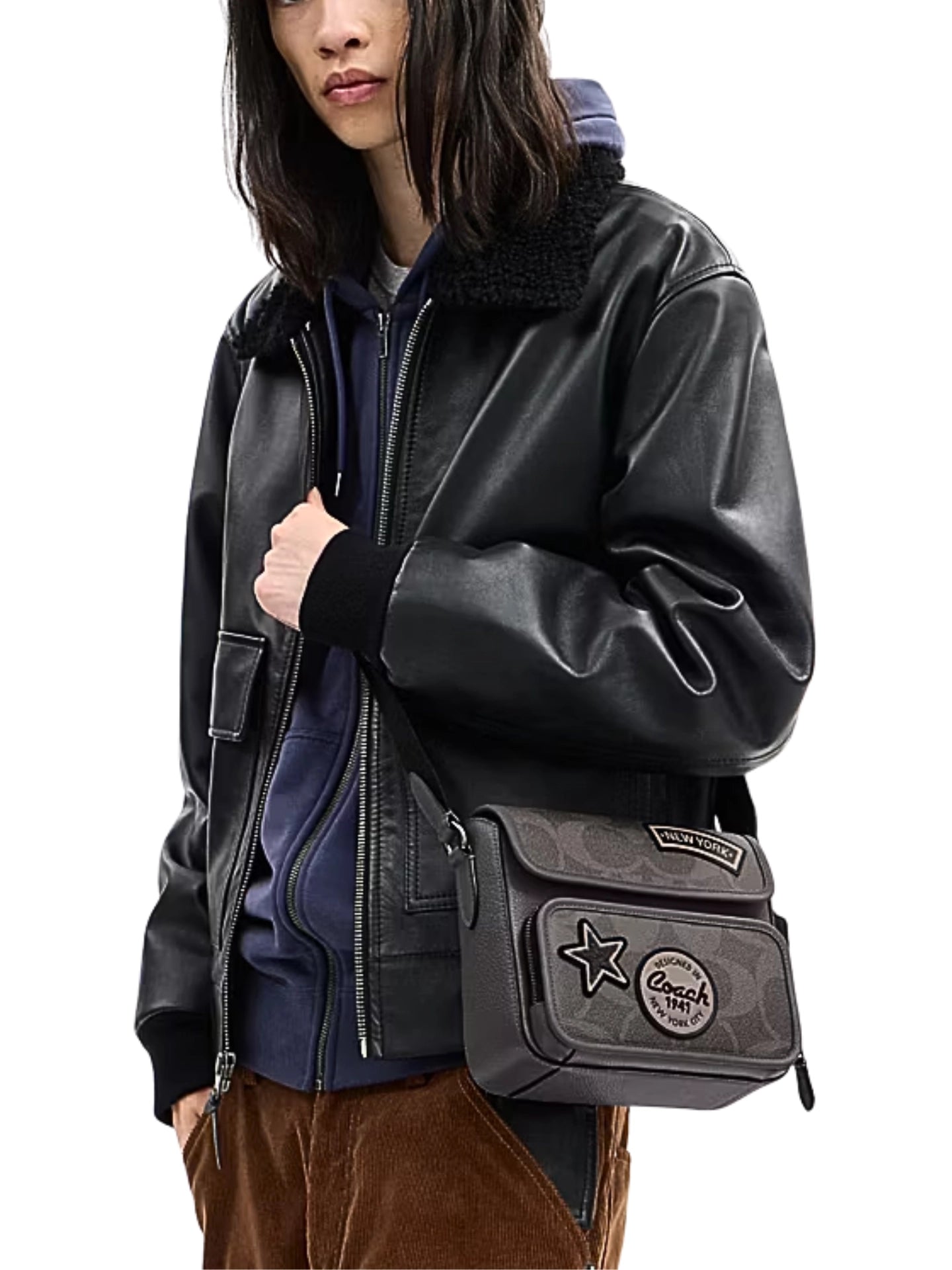 on-model-Coach-Sullivan-Flap-Crossbody-Bag-In-Maxi-Signature-Canvas-With-Patches-Grey-Multi