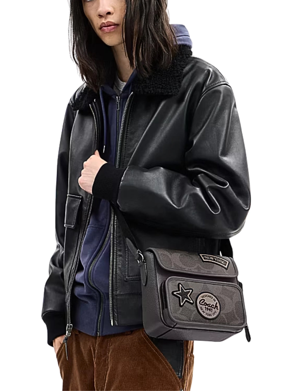 on-model-Coach-Sullivan-Flap-Crossbody-Bag-In-Maxi-Signature-Canvas-With-Patches-Grey-Multi