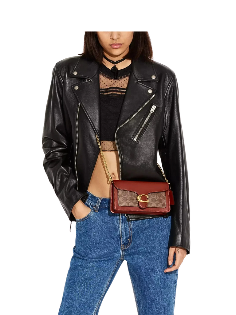 on-model-Coach-Tabby-Chain-Clutch-In-Signature-Canvas-Tan-Rust