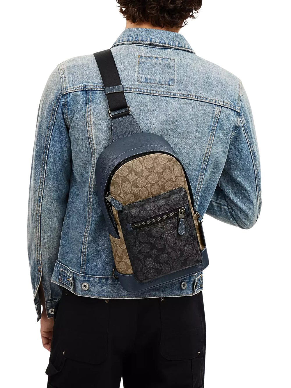 on-model-Coach-West-Pack-In-Colorblock-With-Signature-Canvas-Charocal-Khaki-Denim