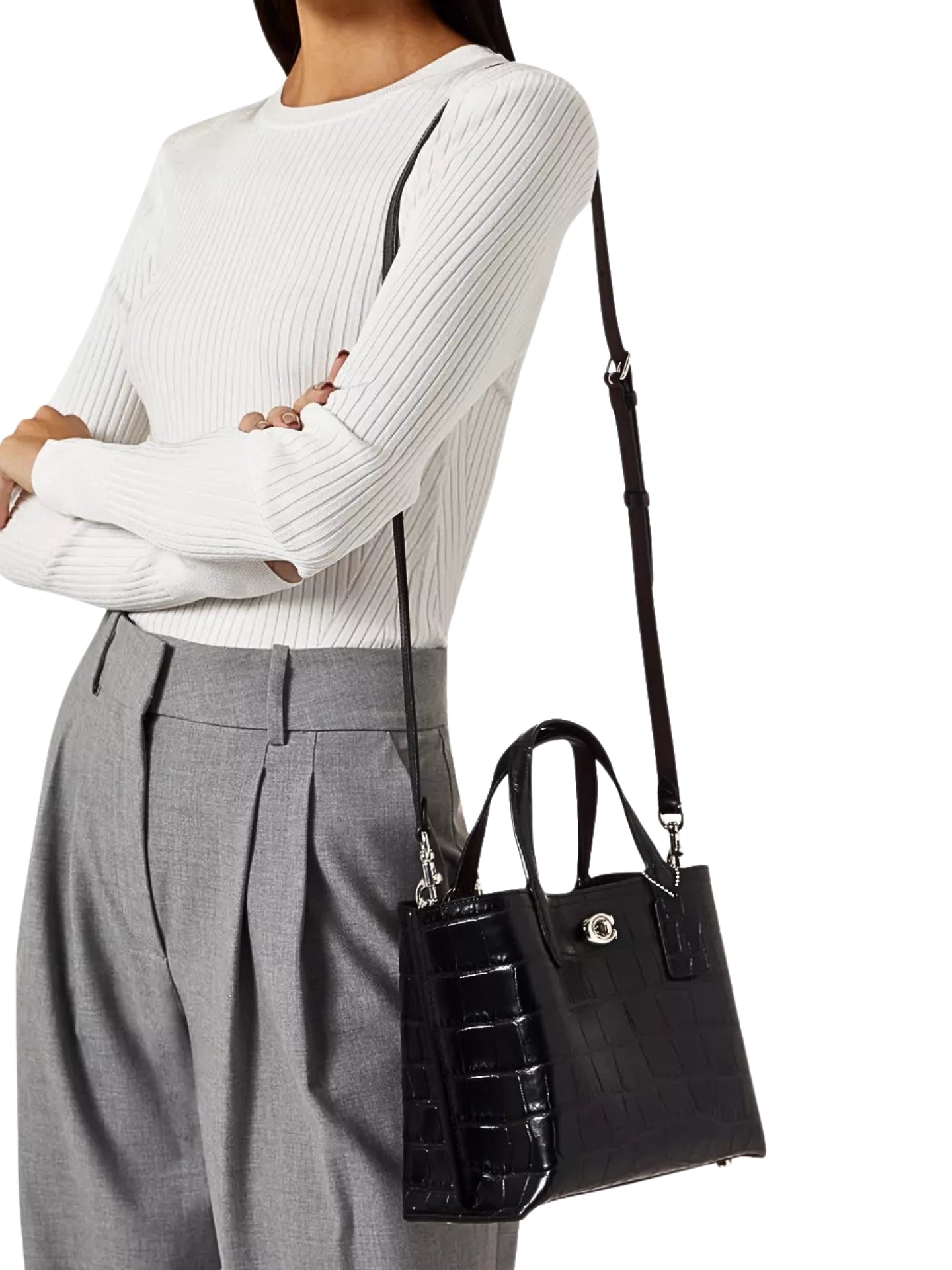 on-model-Coach-Willow-Tote-Bag-24-Croc-Embossed-Black