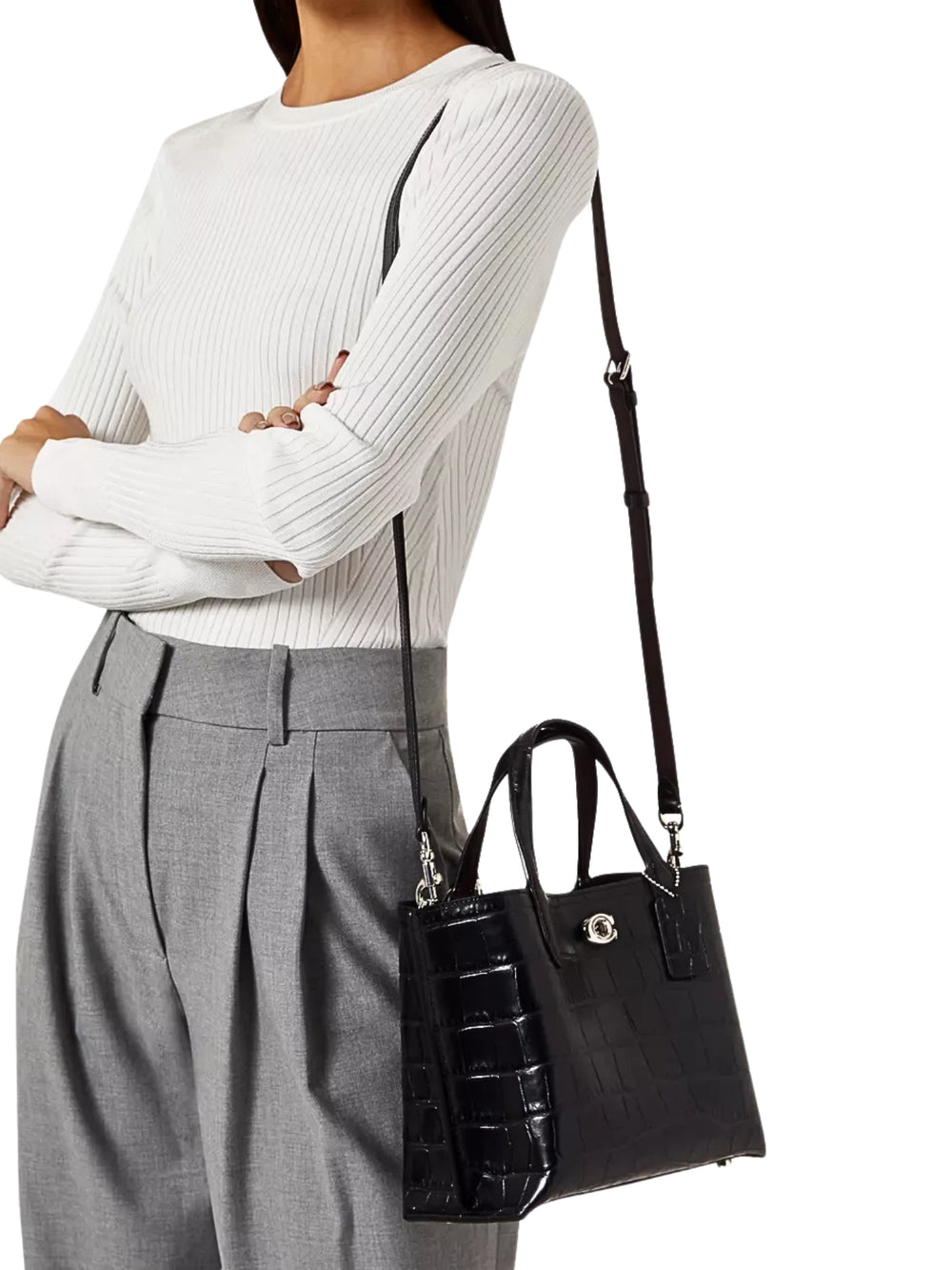 on-model-Coach-Willow-Tote-Bag-24-Croc-Embossed-Black