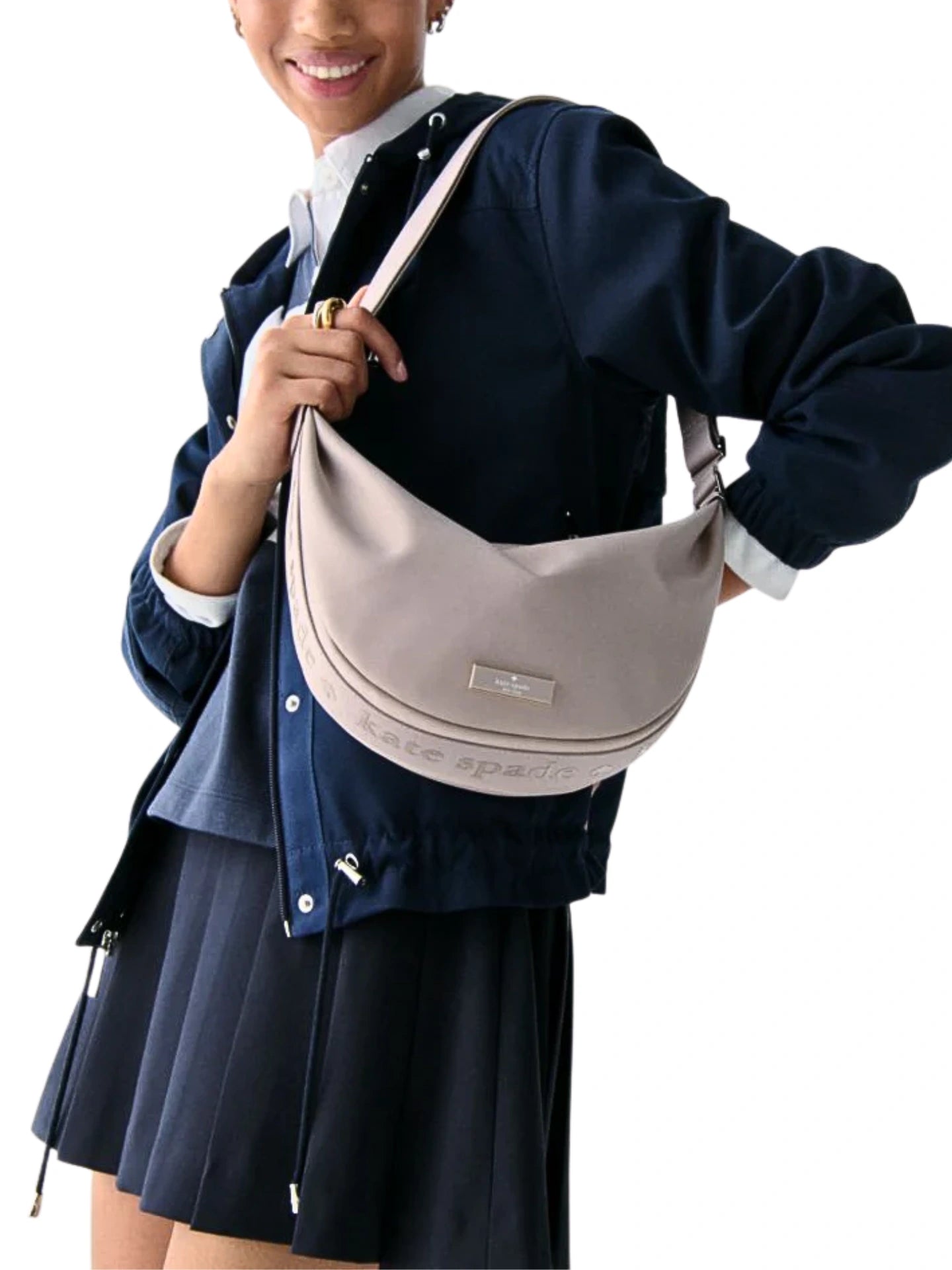 on-model-Kate-Spade-Carter-Nylon-Medium-Sling-Bag-Cozy-Grey