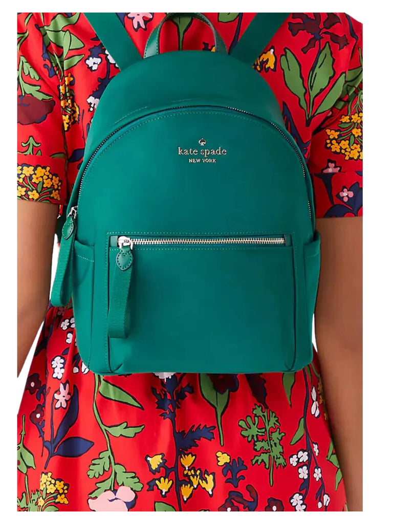 on-model-Kate-Spade-Chelsea-Medium-Nylon-Backpack-Deep-Jade