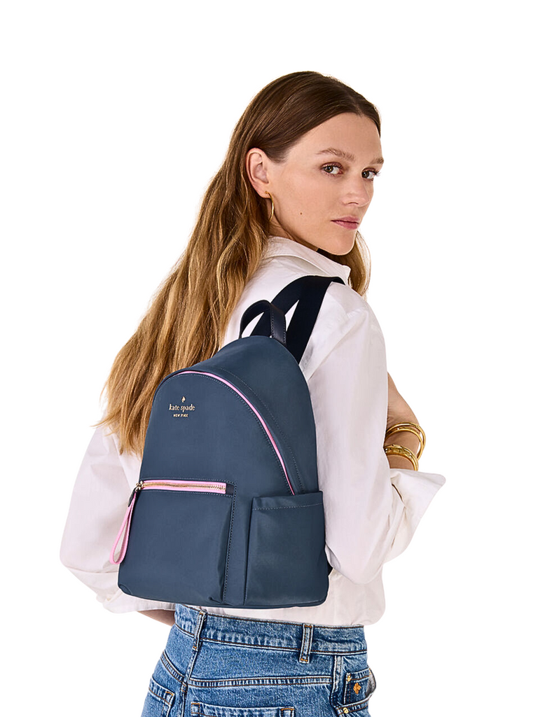 on-model-Kate-Spade-Chelsea-Nylon-Medium-Backpack-Bluestone-Multi