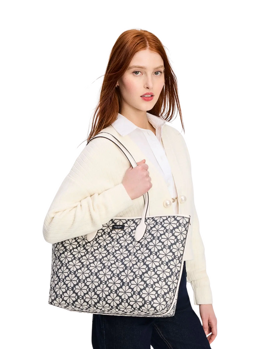 on-model-Kate-Spade-Flower-Jacquard-Bleecker-Large-Tote-Charcoal-Grey-Multi