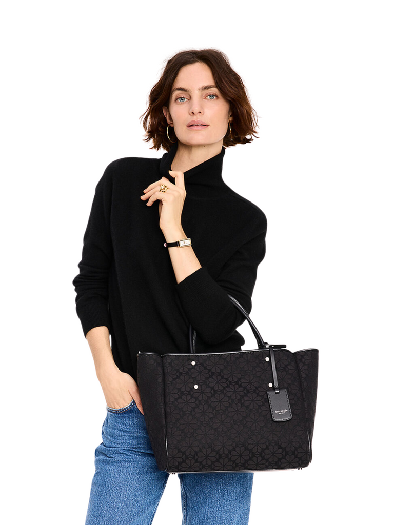 on-model-Kate-Spade-Flower-Jacquard-Medium-Everything-Tote-Bag-Black