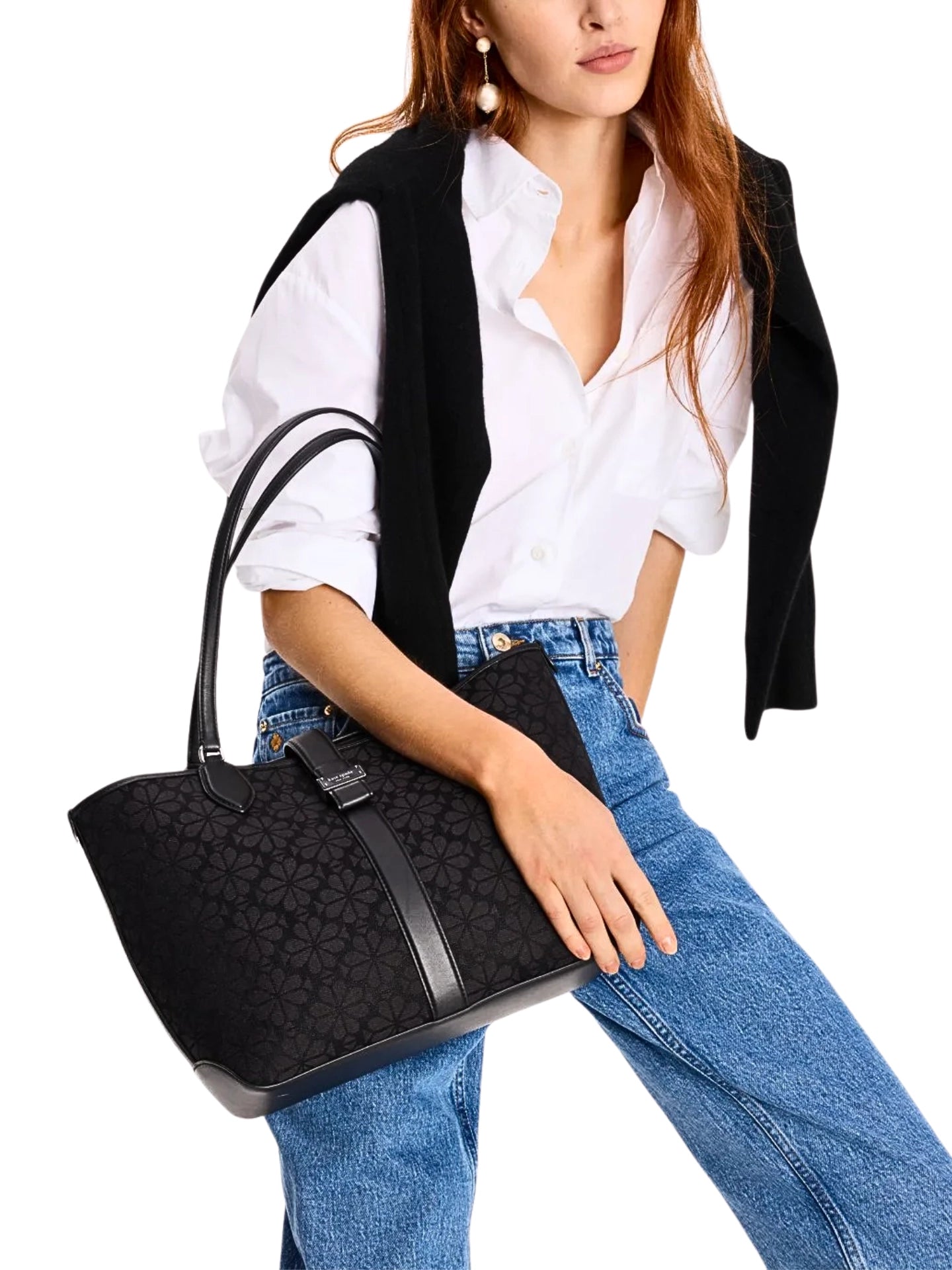 on-model-Kate-Spade-Flower-Jacquard-Medium-Open-Tote-Black-Multi