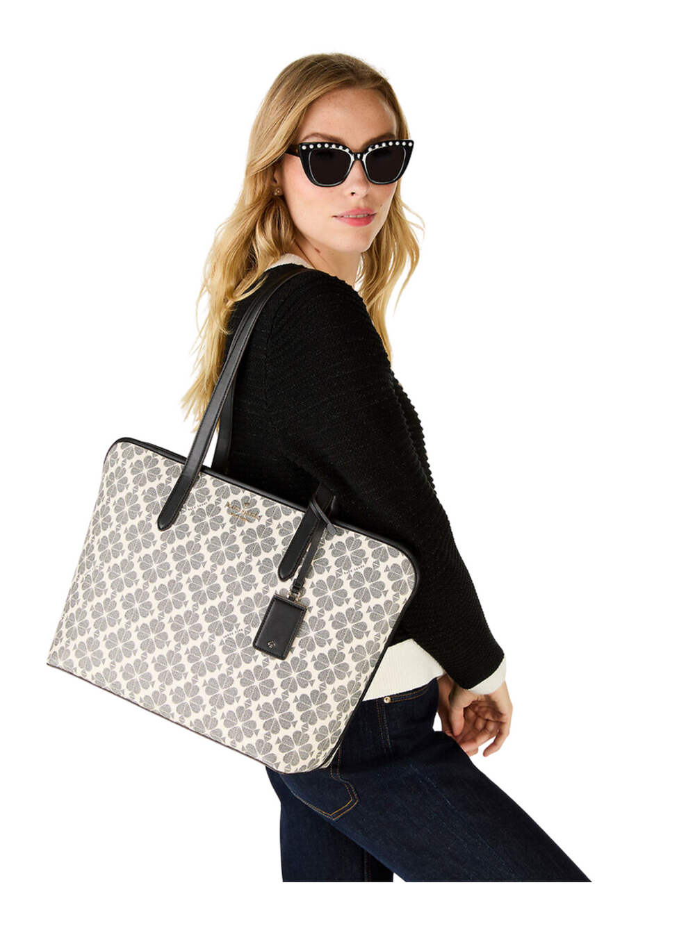 on-model-Kate-Spade-Flower-PVC-Tote-Black