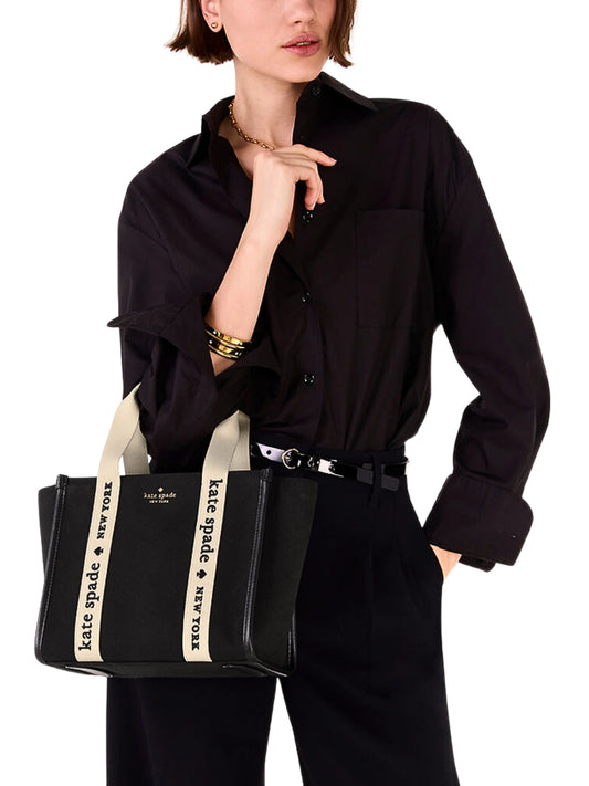 on-model-Kate-Spade-Kip-Canvas-Small-Tote-Bag-Black
