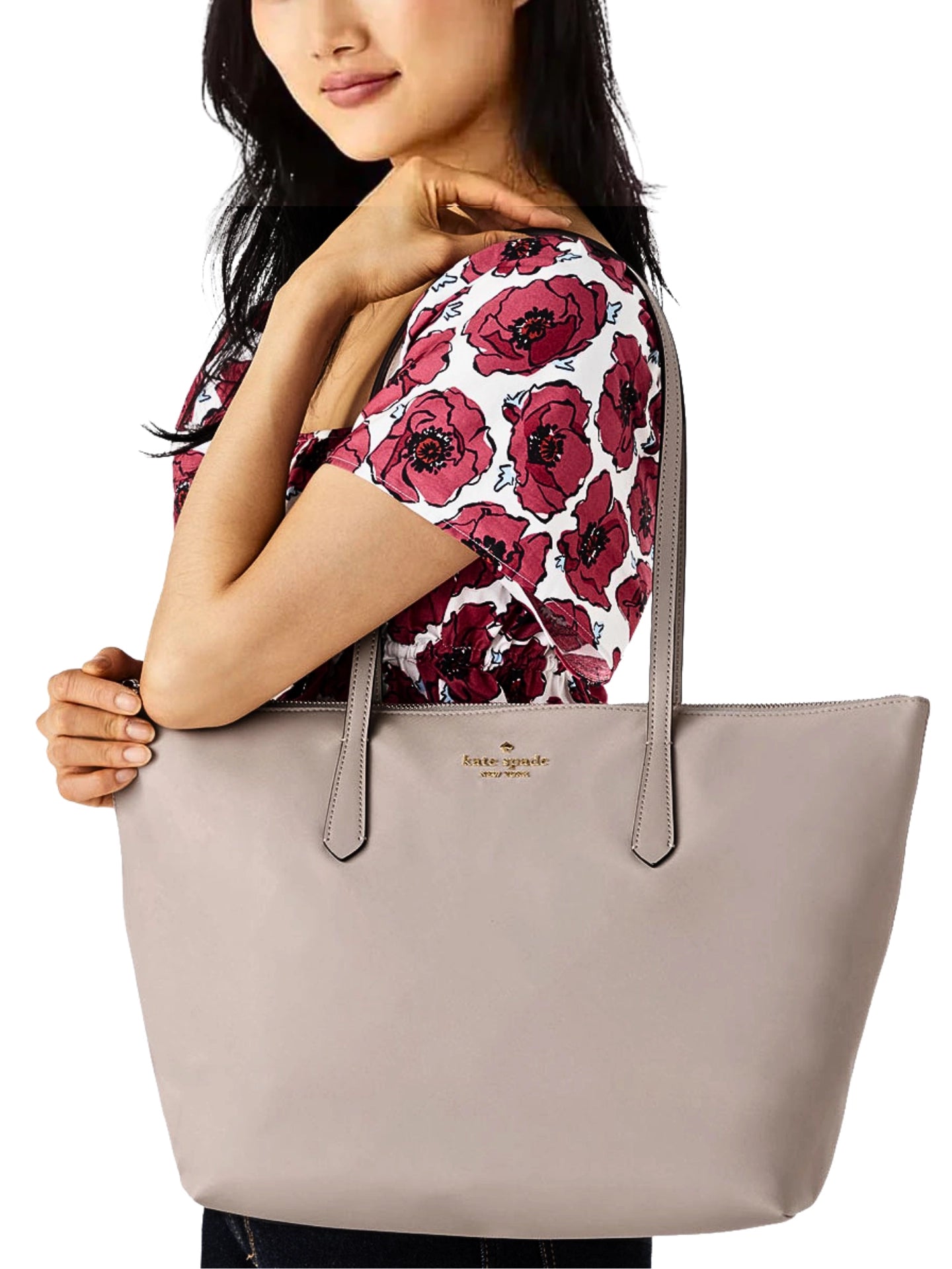 on-model-Kate-Spade-Kitt-Medium-Nylon-Tote-Cozy-Grey