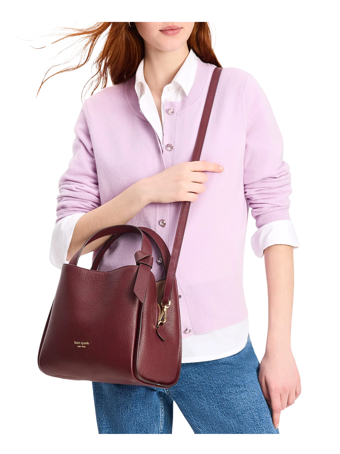 on-model-Kate-Spade-Knott-Medium-Crossbody-Tote-Bag-Cordovan