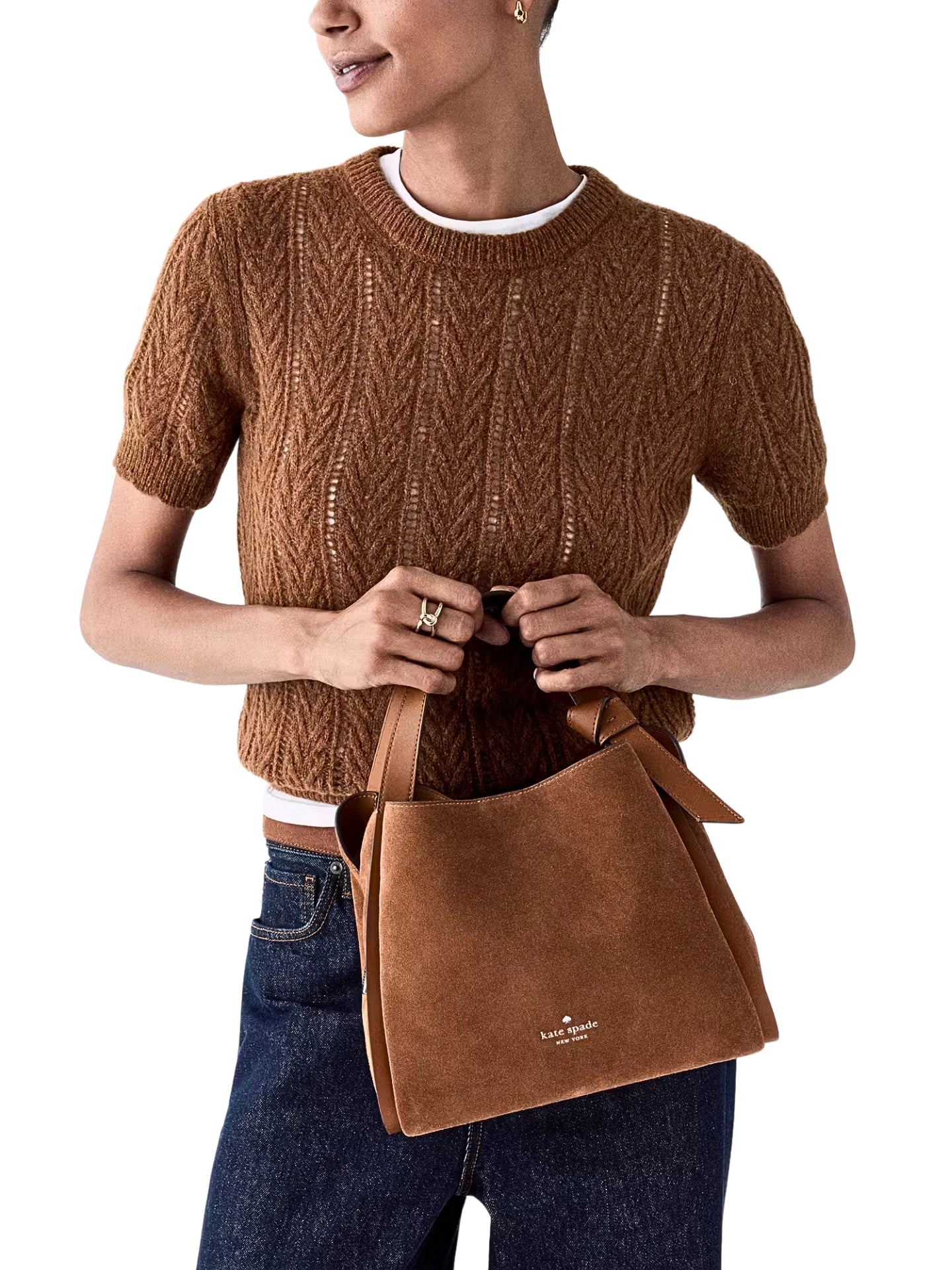 on-model-Kate-Spade-Knott-Suede-Convertible-Carryall-Bag-Warm-Gingerbread