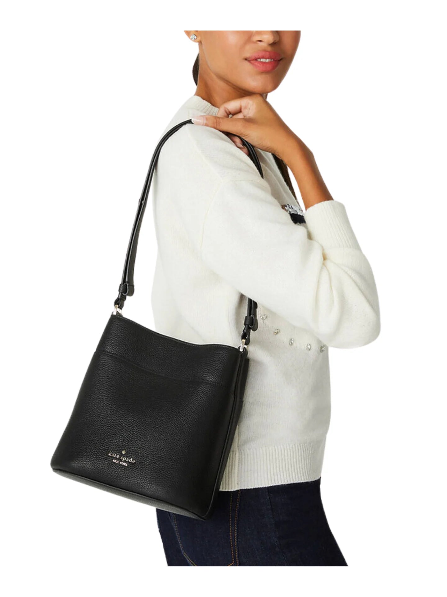 on-model-Kate-Spade-Leila-Pebbled-Leather-Small-Bucket-Bag-BlackWEBP