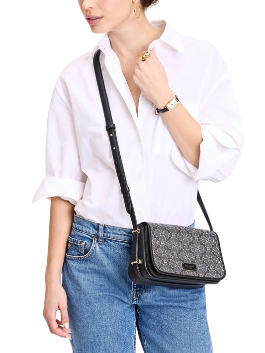 on-model-Kate-Spade-Liv-Spade-Flower-Coated-Canvas-Small-Flap-Crossbody-Black-Multi