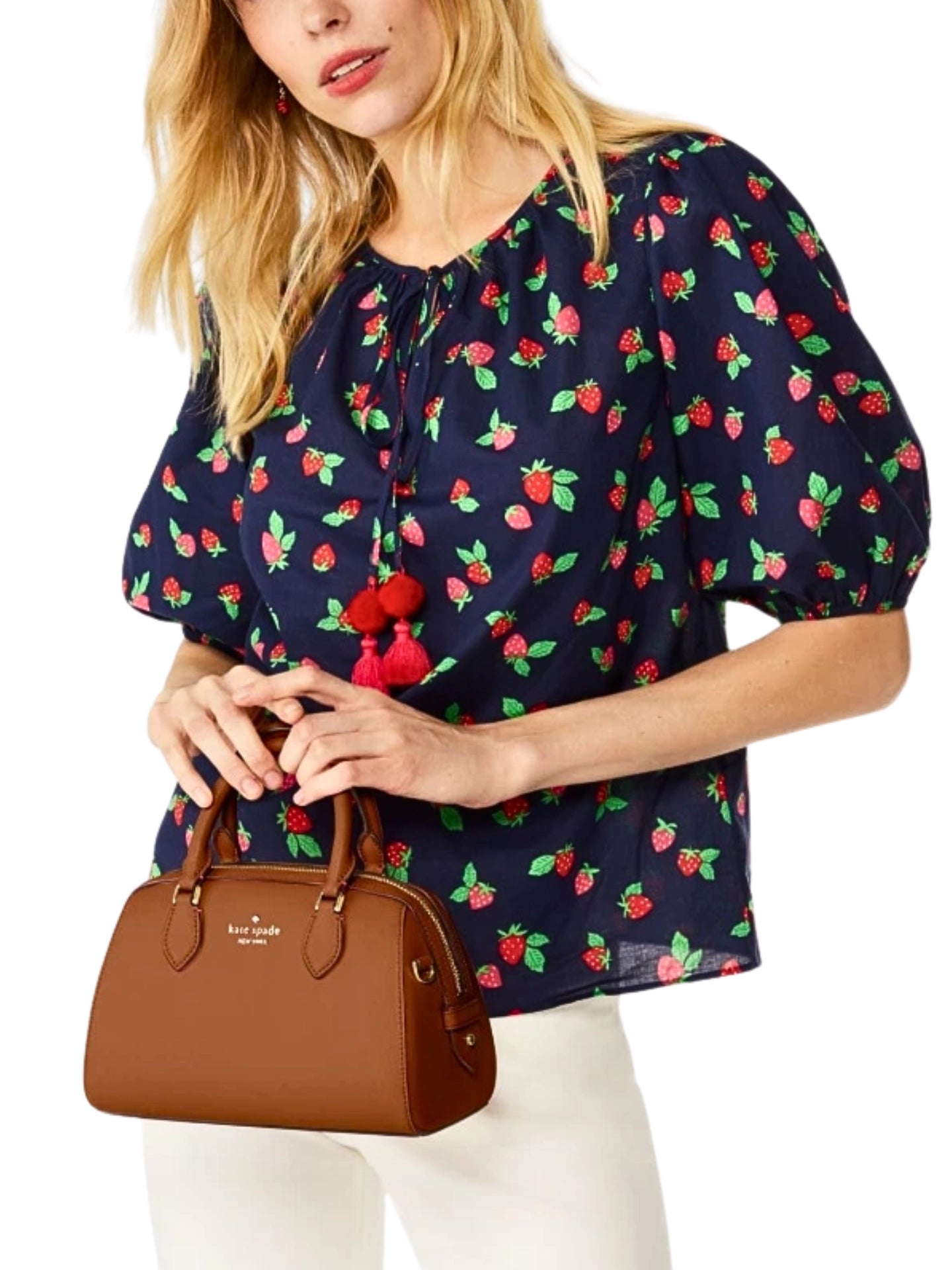 on-model-Kate-Spade-Madison-Saffiano-Leather-Duffle-Crossbody-Bag-Cavern-Clay