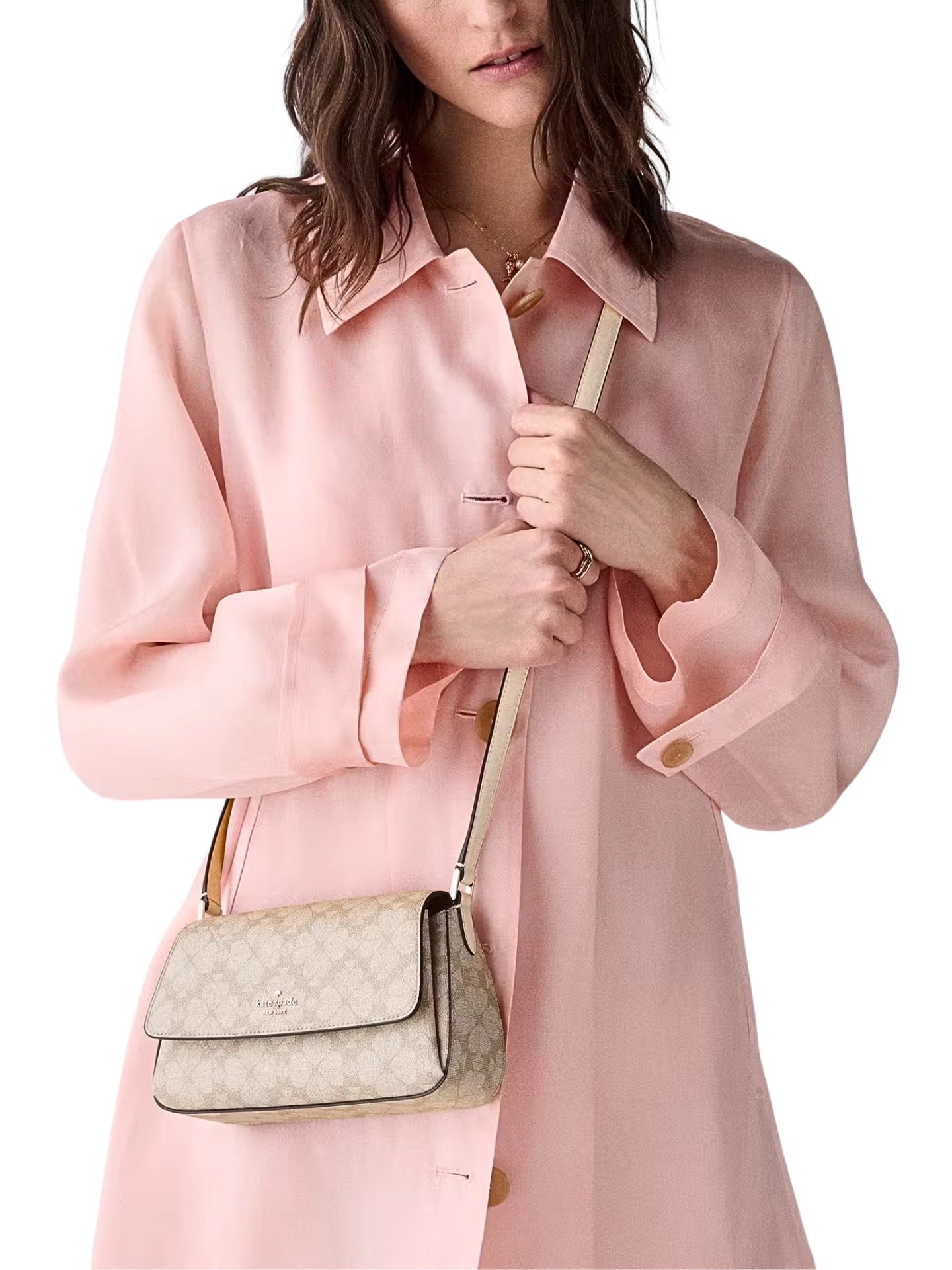 on-model-Kate-Spade-Sutton-Spade-Flower-Mini-Flap-Crossbody-Dark-Beige-Moon-Dust