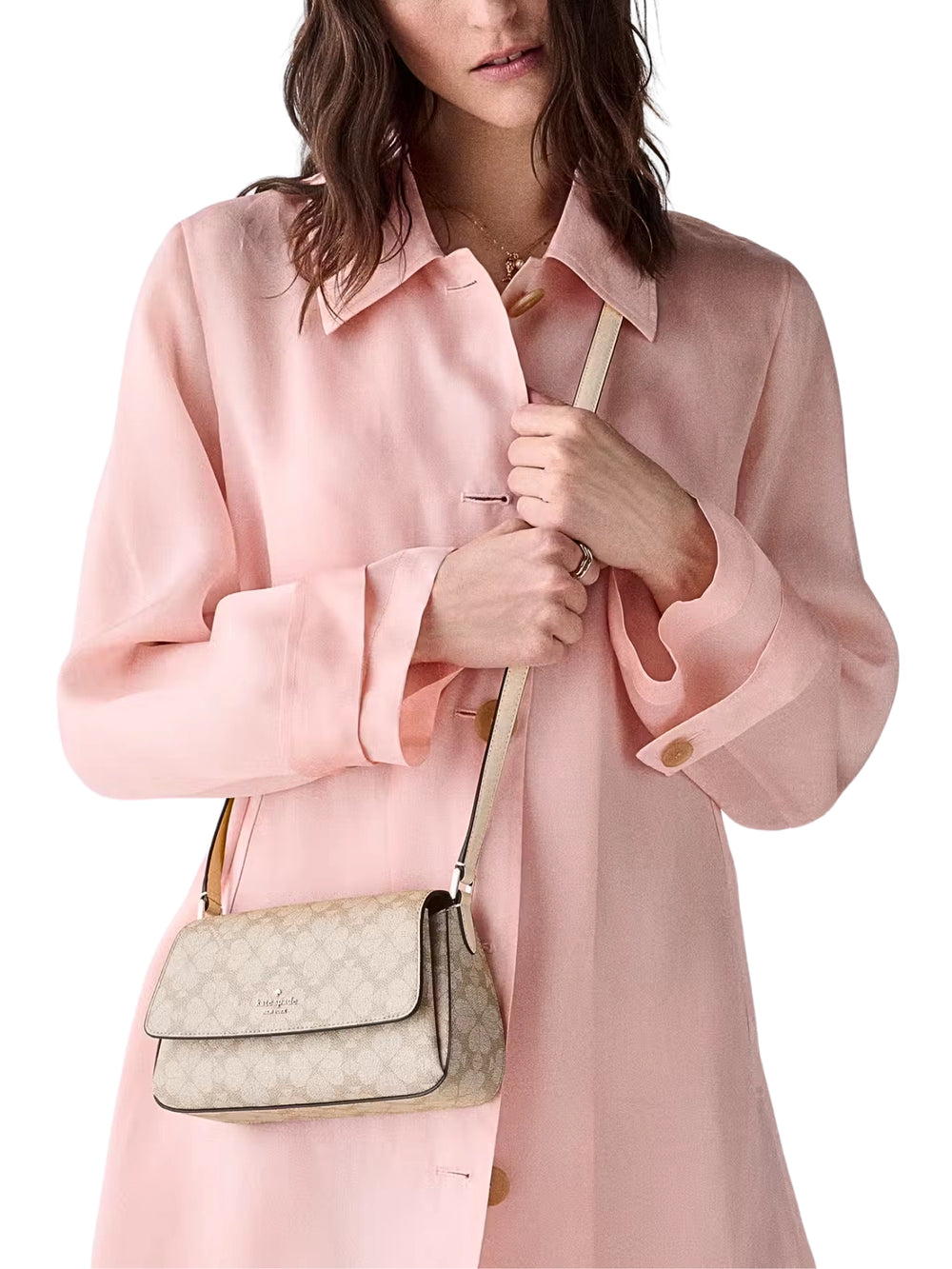 on-model-Kate-Spade-Sutton-Spade-Flower-Mini-Flap-Crossbody-Dark-Beige-Moon-Dust