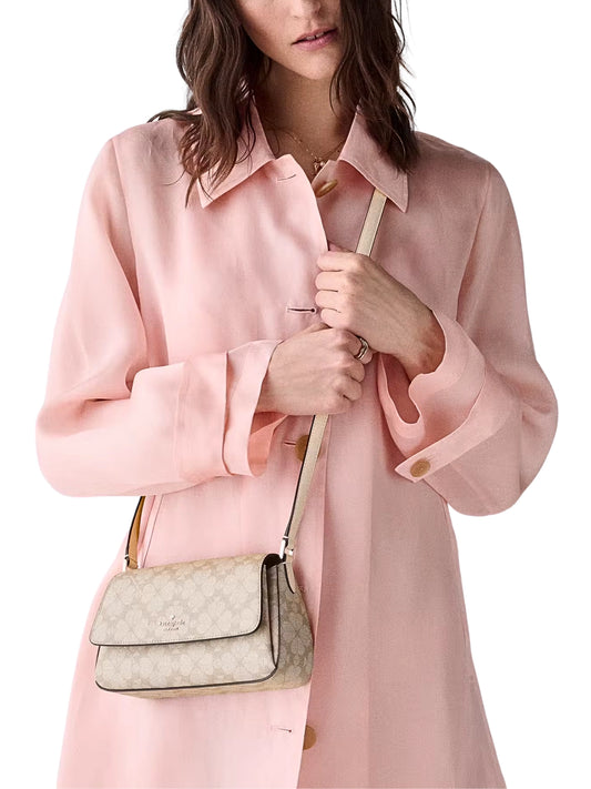 on-model-Kate-Spade-Sutton-Spade-Flower-Mini-Flap-Crossbody-Dark-Beige-Moon-Dust
