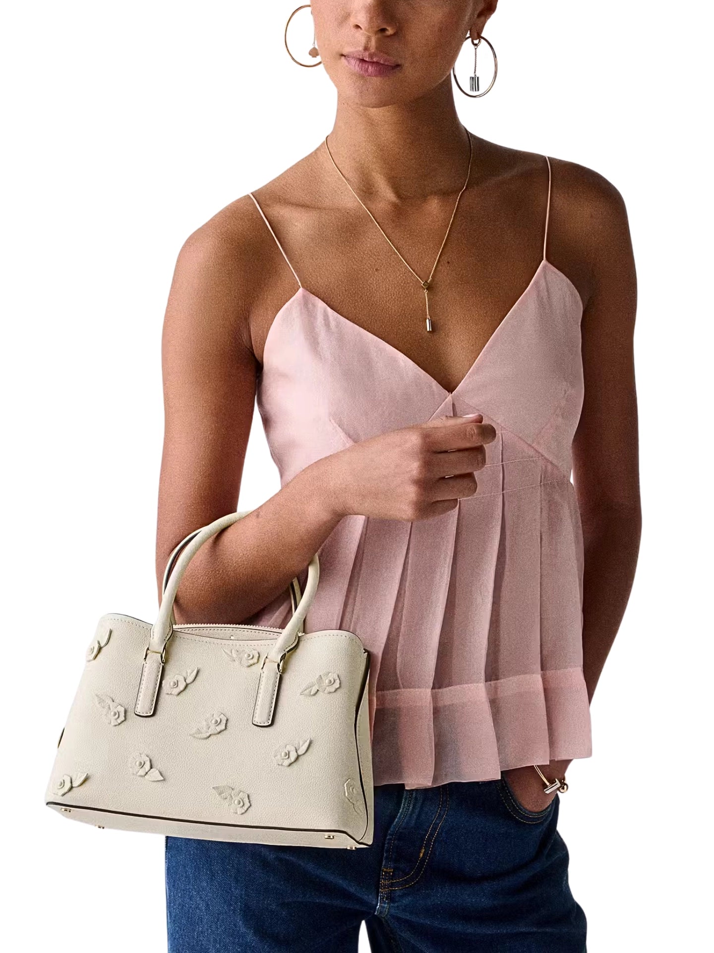 on-model-Kate-Spade-Thompson-Street-Floral-Small-Satchel-Bag-Cashew-Milk