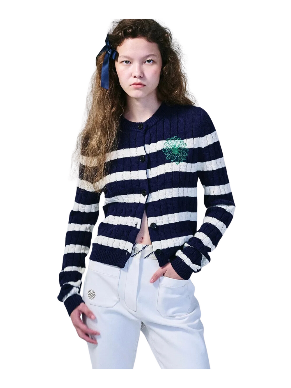on-model-Mardi-Cotton-Cardigan-Round-Neck-Stripe-Navy-Green